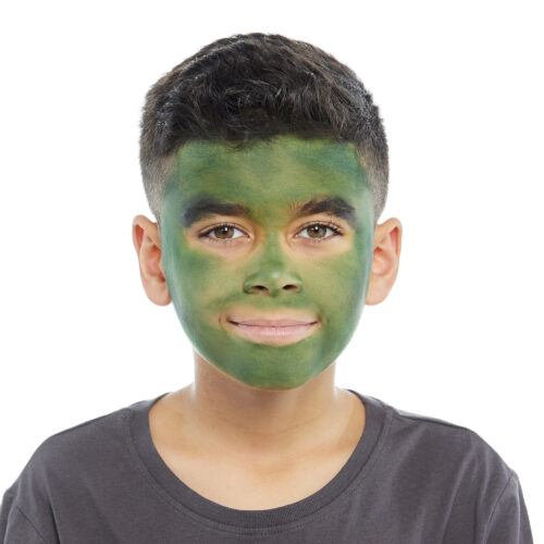 Boy with step 1 of Frankenstein face paint design for Halloween
